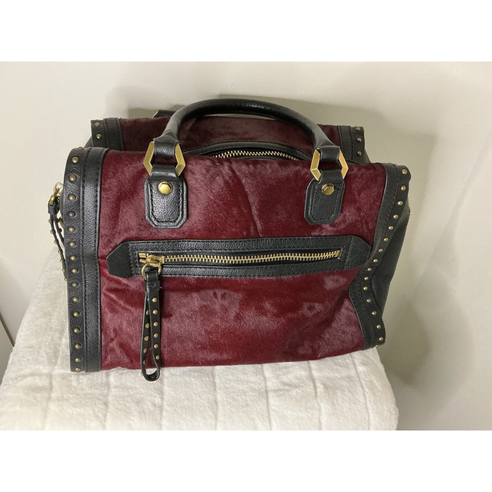 OrYANY Burgundy Cow Hair and Black Leather Studded Satchel Handbag Gold Hardware - Picture 2 of 10